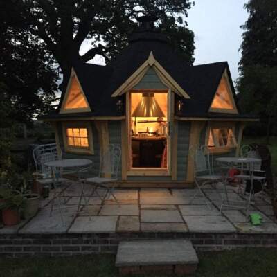 BBQ hut at dusk