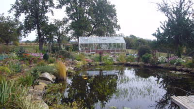 Green house view over pond, in private rear garden